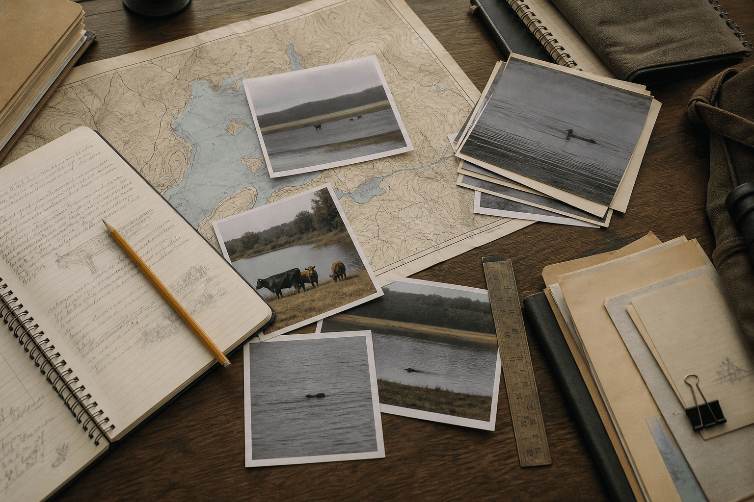 Archive desk with lake maps, field notes, and aquatic bovine evidence prints.